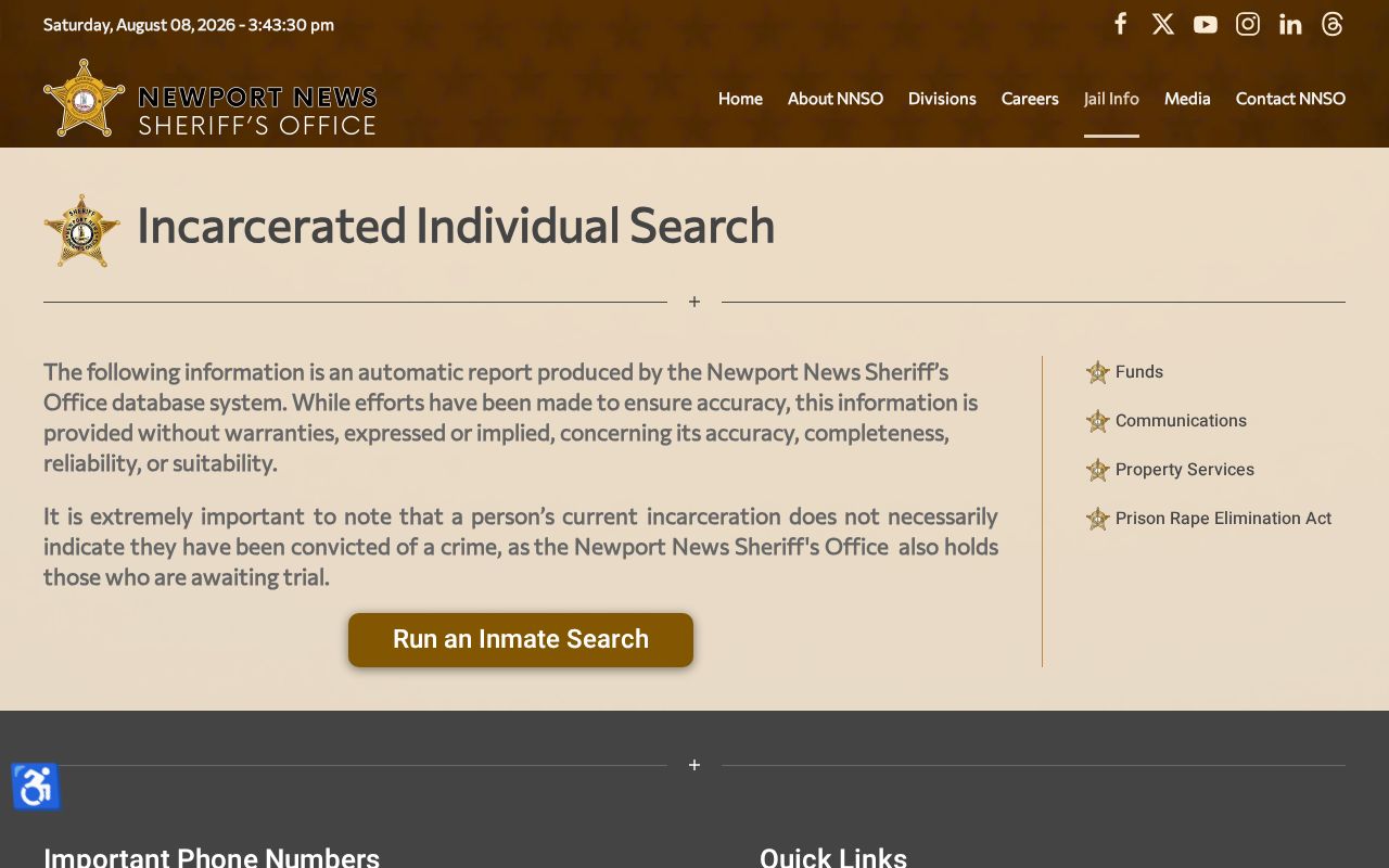 Newport News Sheriff current inmate search without a released mugshot gallery