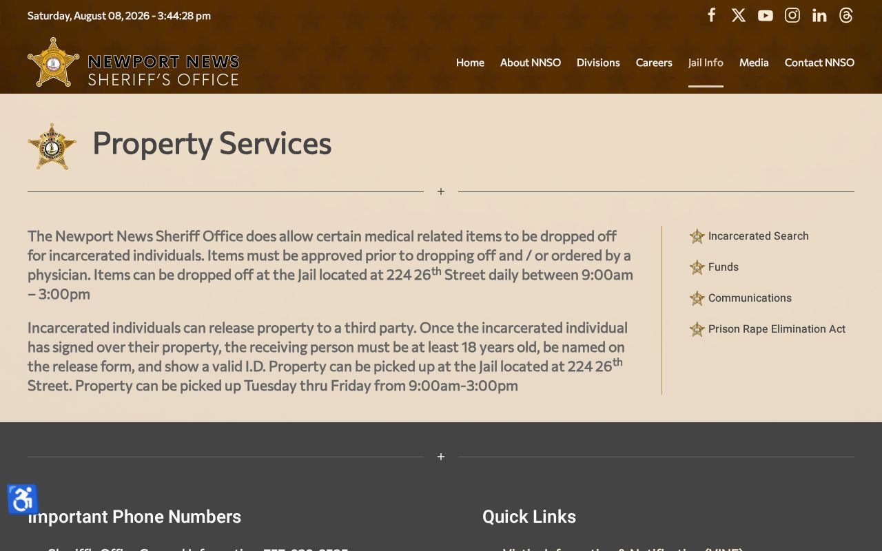 Newport News City Jail release property instructions