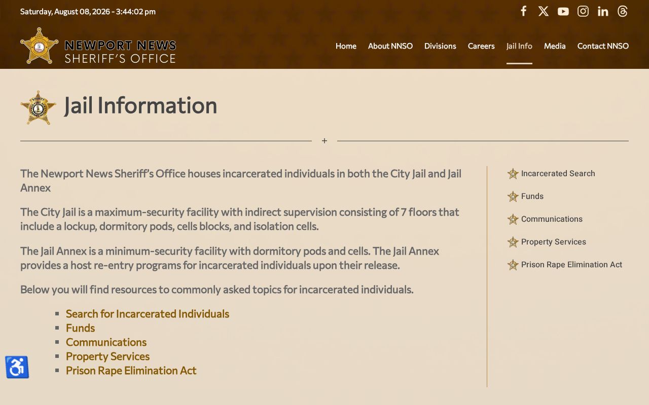 Newport News City Jail Annex release information in the Sheriff facility overview