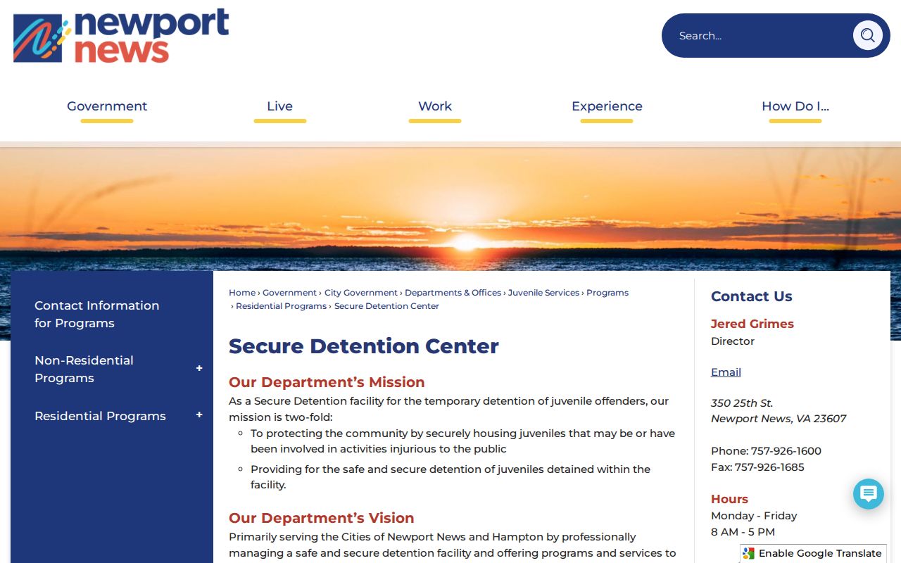 Newport News Juvenile Secure Detention Center authorized release contact information