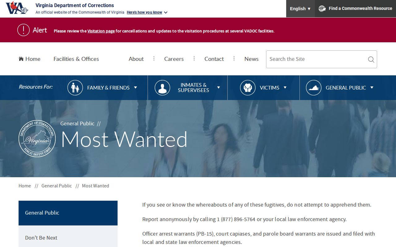 Virginia VADOC warrant resource for Newport News supervision records