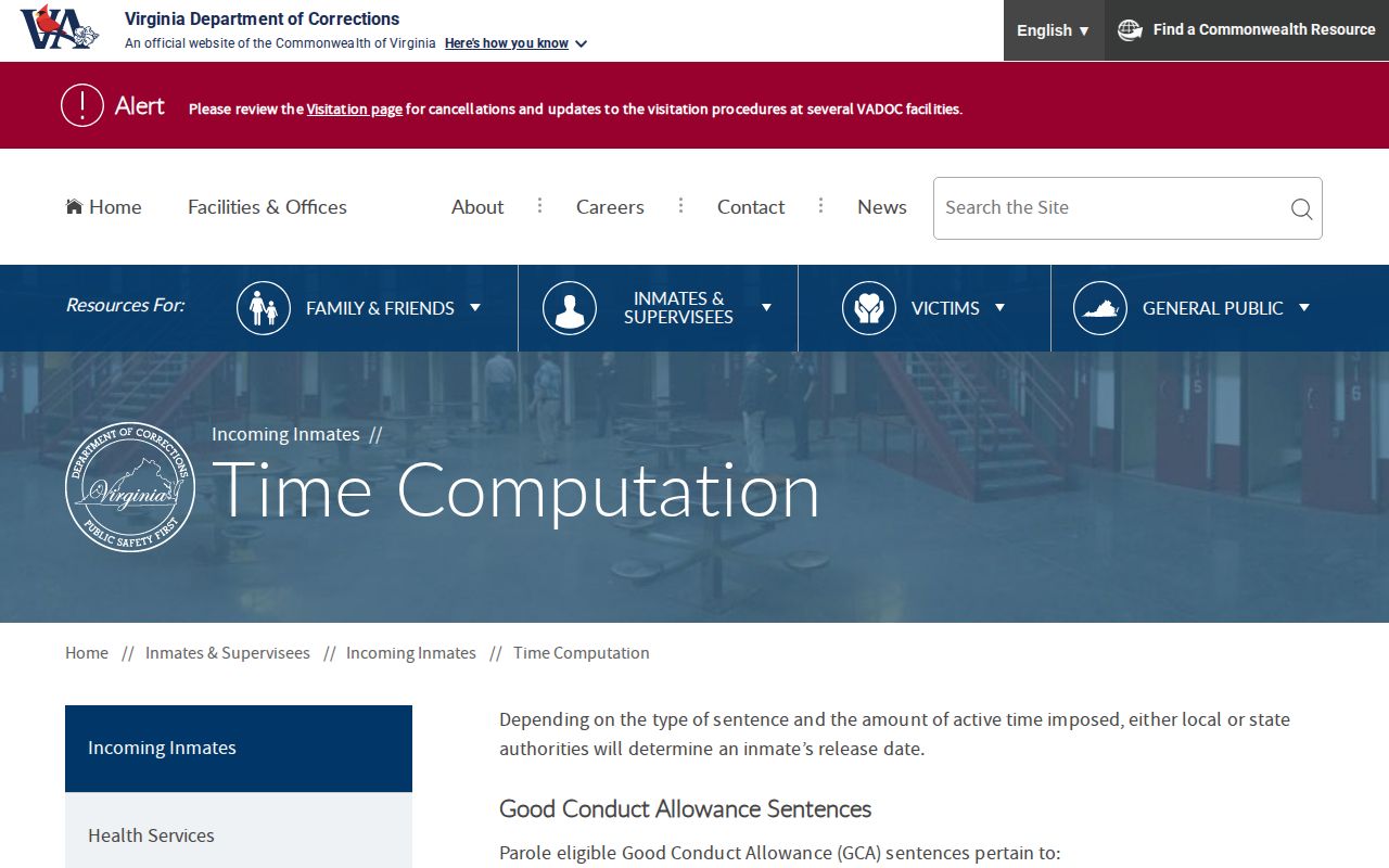 Virginia VADOC projected release date information for Newport News